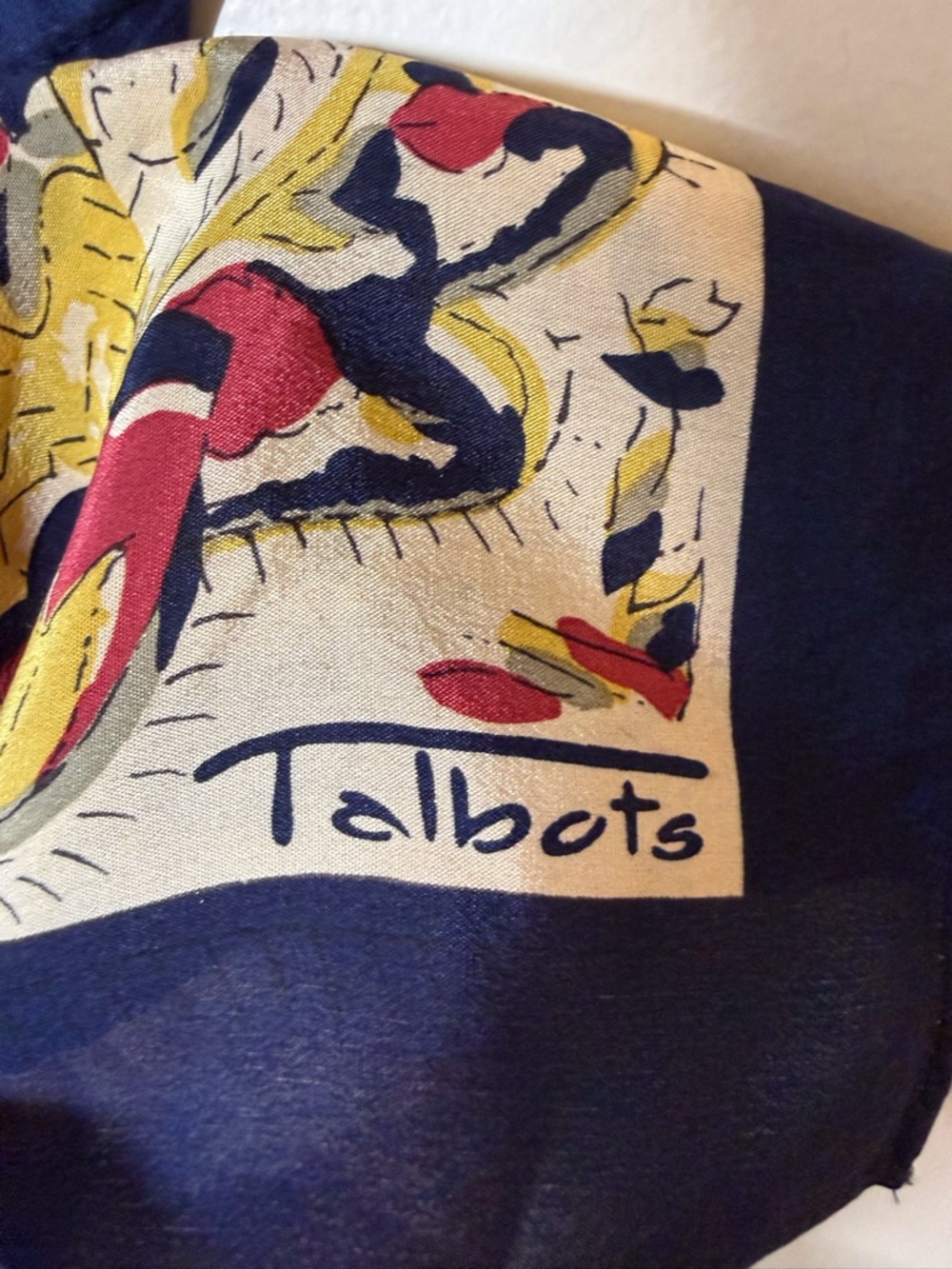 Talbots silk scarf navy yellow red floral batik style rolled edges square - Picture 6 of 6